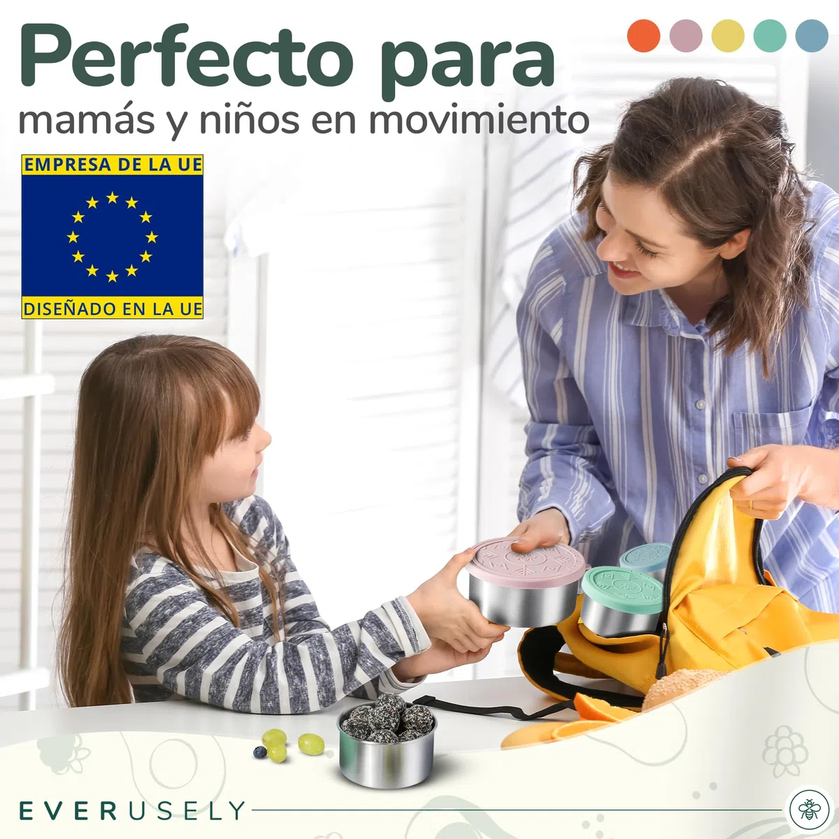 Everusely - Fiambrera de acero inoxidable con tapa hermética - Juego de 5, colección Bright - Fiambrera hermética - Recipientes apilables para la preparación de comidas