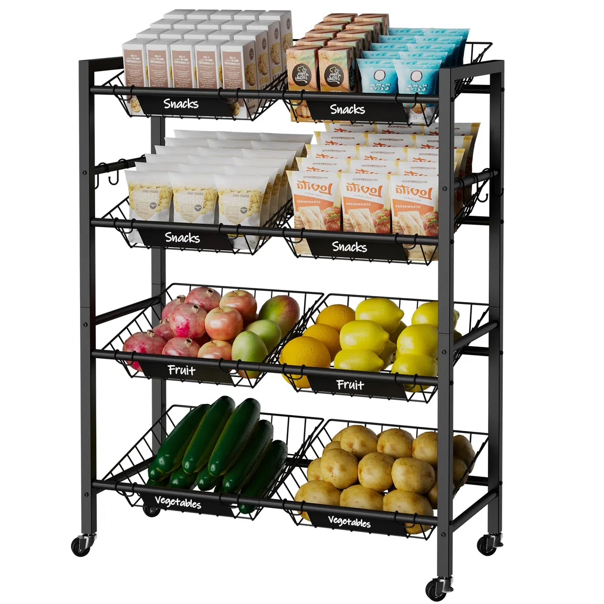 IBUYKE Grande Carrito Cocina Verdulero Frutero,Carro Auxiliar de Metal con 8 Cestas,Carrito Organizador con Ruedas para Vegetales Cebollas Patatas, Negro TLJ025B