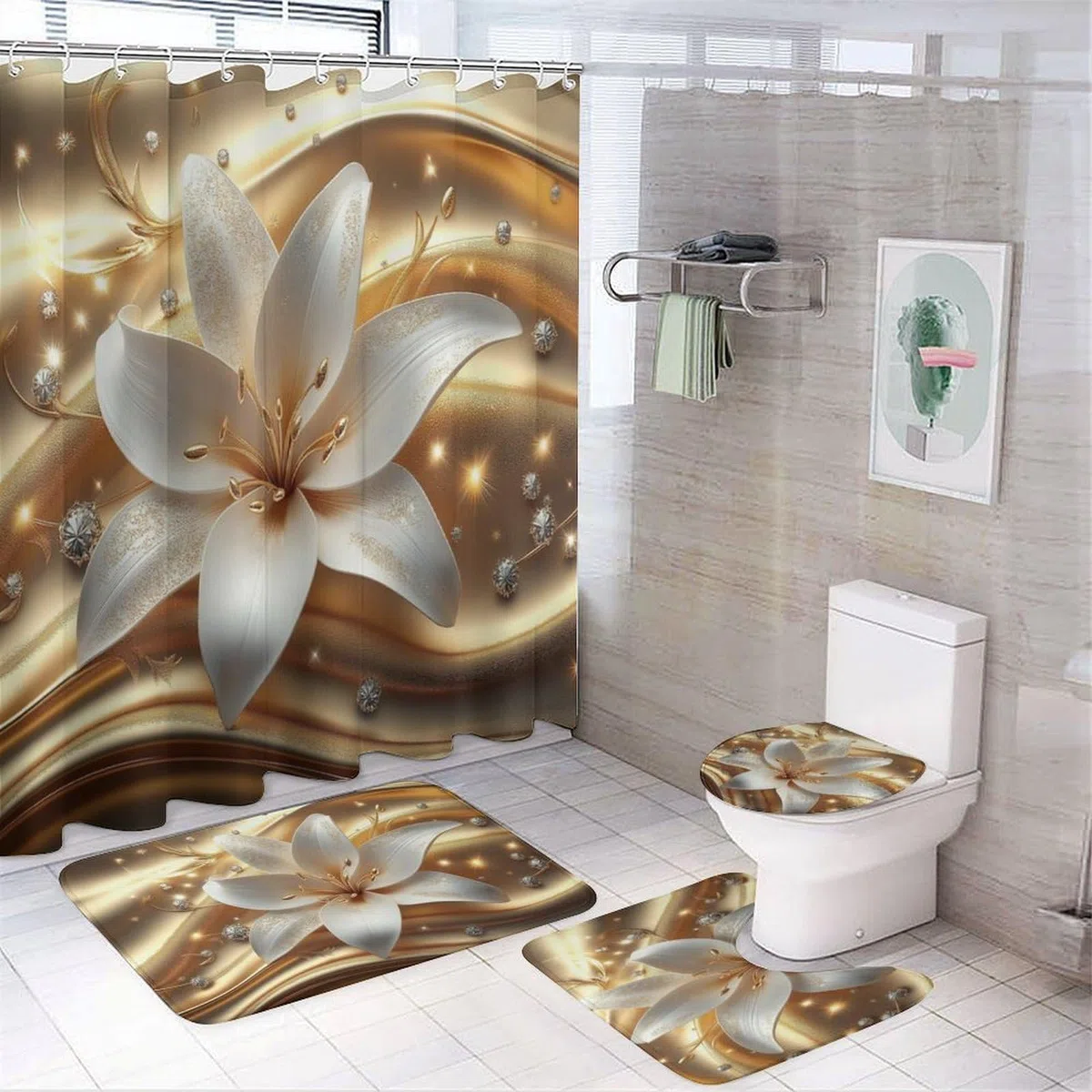 Juego de baño Blanco Flor De Lirio con Cortina de Ducha, alfombras Antideslizante y Accesorios, Juego de Cortinas de Ducha Dorado Ondulado Fondo, Cortinas de Ducha para baño 180cm X 180cm