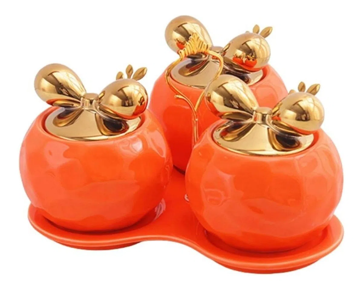 SAeWare Tarro de condimentos, contenedor de especias de cerámica con tapas de cucharas y bandeja, juego de cuencos de especias, organizador de condimentos, hogar, cocina, cocina, encimera, naranja, 3