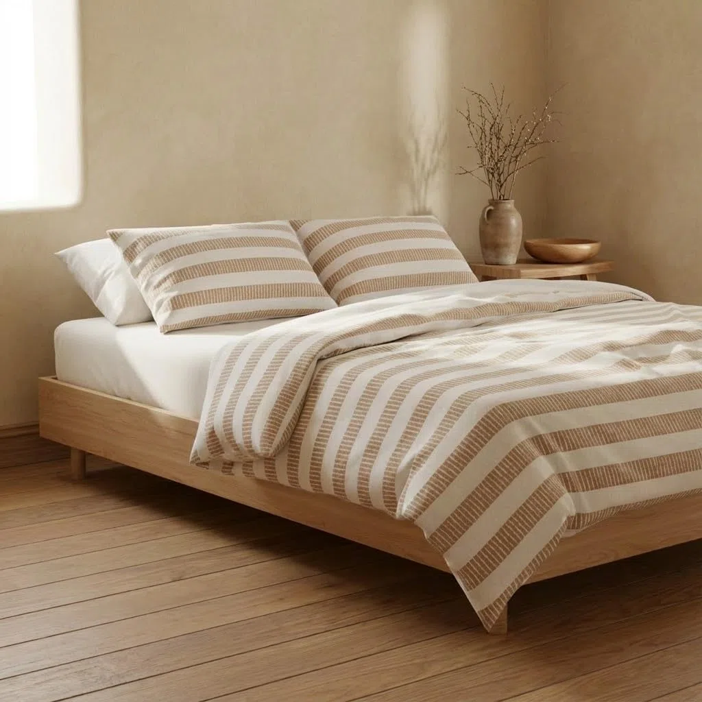 GAMUSI Juego Funda nórdica Cama 90 100% algodón - Funda Almohada 45x110 cm, Estampado líneas Beige