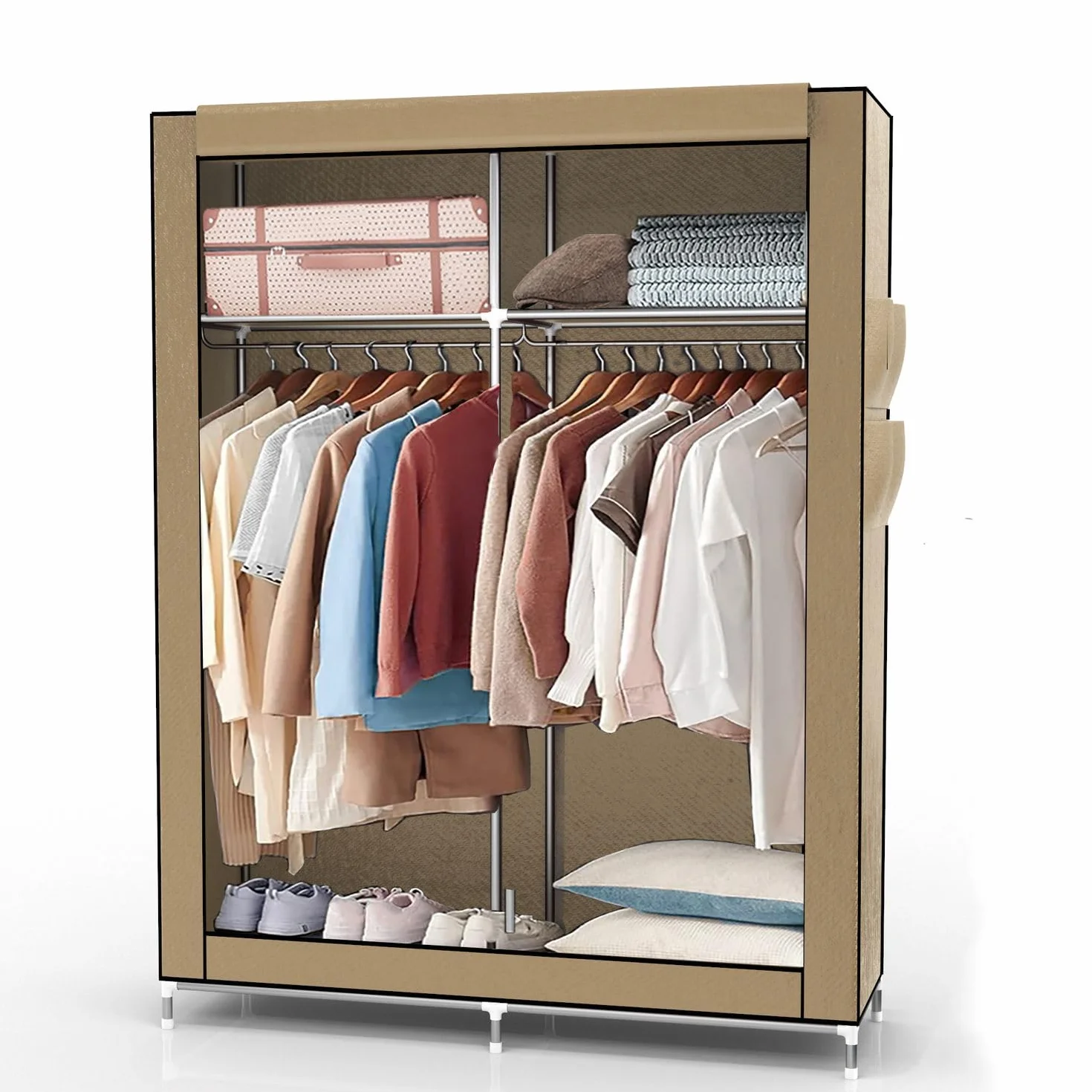 INTIRILIFE Armario Plegable 108x170x45 cm en CRÈME Beige - Armario de Tela con Cremallera y Barra de Colgar, Bolsillo Lateral y Compartimentos - Estante enchufable, Estructura metálica