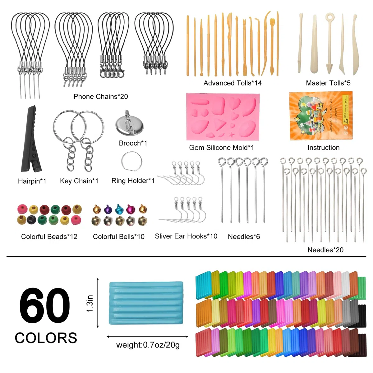 Arcilla Polimérica, Kit de Arcilla de 60 Colores, Masa Artesanal Polimérica, Polimérica Modelado de Material, Pasta de Colores Apta para Bricolaje