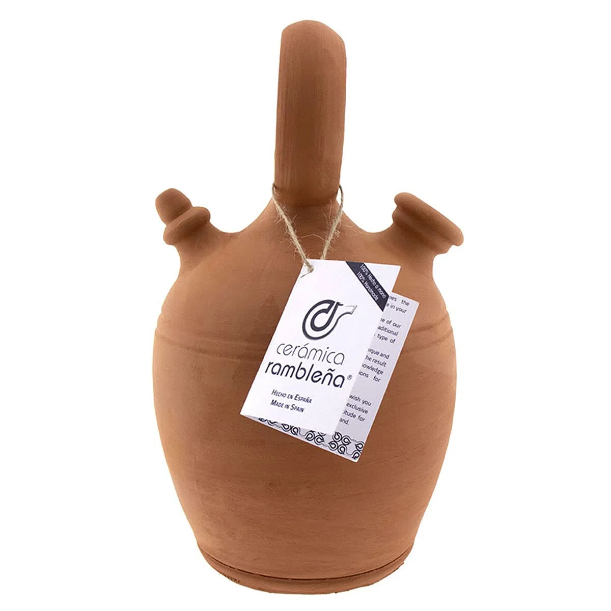 CERÁMICA RAMBLEÑA | Botijo de Barro Rojo Tradicional asa Redonda Base Ancha de La Rambla (Córdoba) | 100% Hecho a Mano | 3 litros | Eco | Plato NO Incluido
