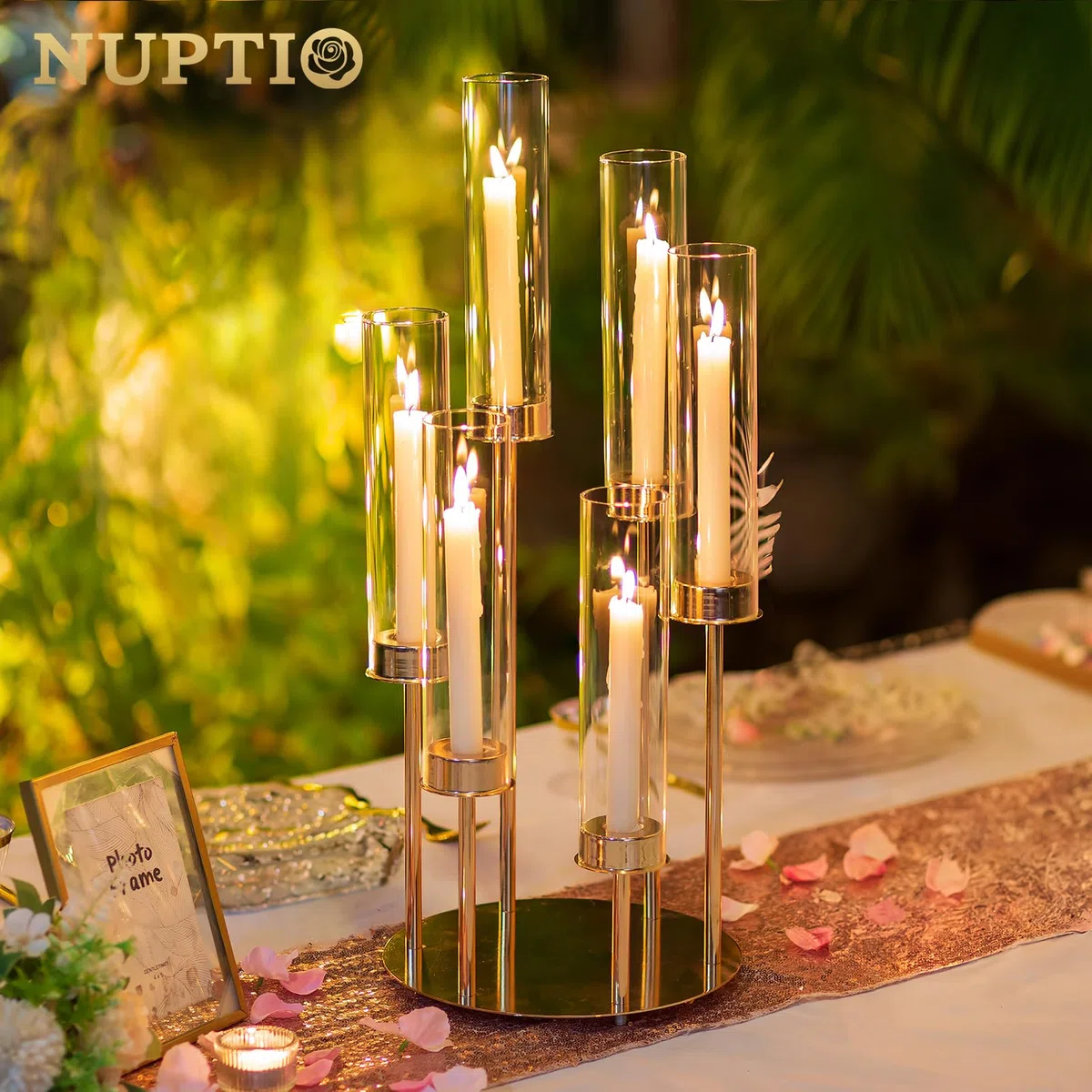NUPTIO Oro Candelabro Titulares Huracán - 60cm Claro 2 Piezas Cilindro Vidrio de 6 Brazos Candelabro de Metal Vela Palo de La Chimenea Cubierta Al Aire Libre La Boda Centros de Mesa Mesas Decoración