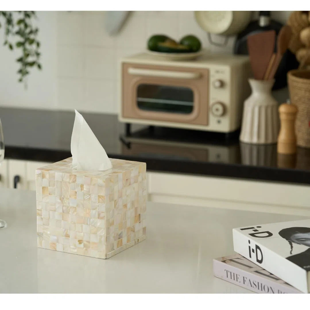 Funda para caja de pañuelos de nácar de 5.9 pulgadas, soporte cuadrado hecho a mano con parte inferior deslizante, dispensador de servilletas decorativo para baño, dormitorio, cocina, oficina