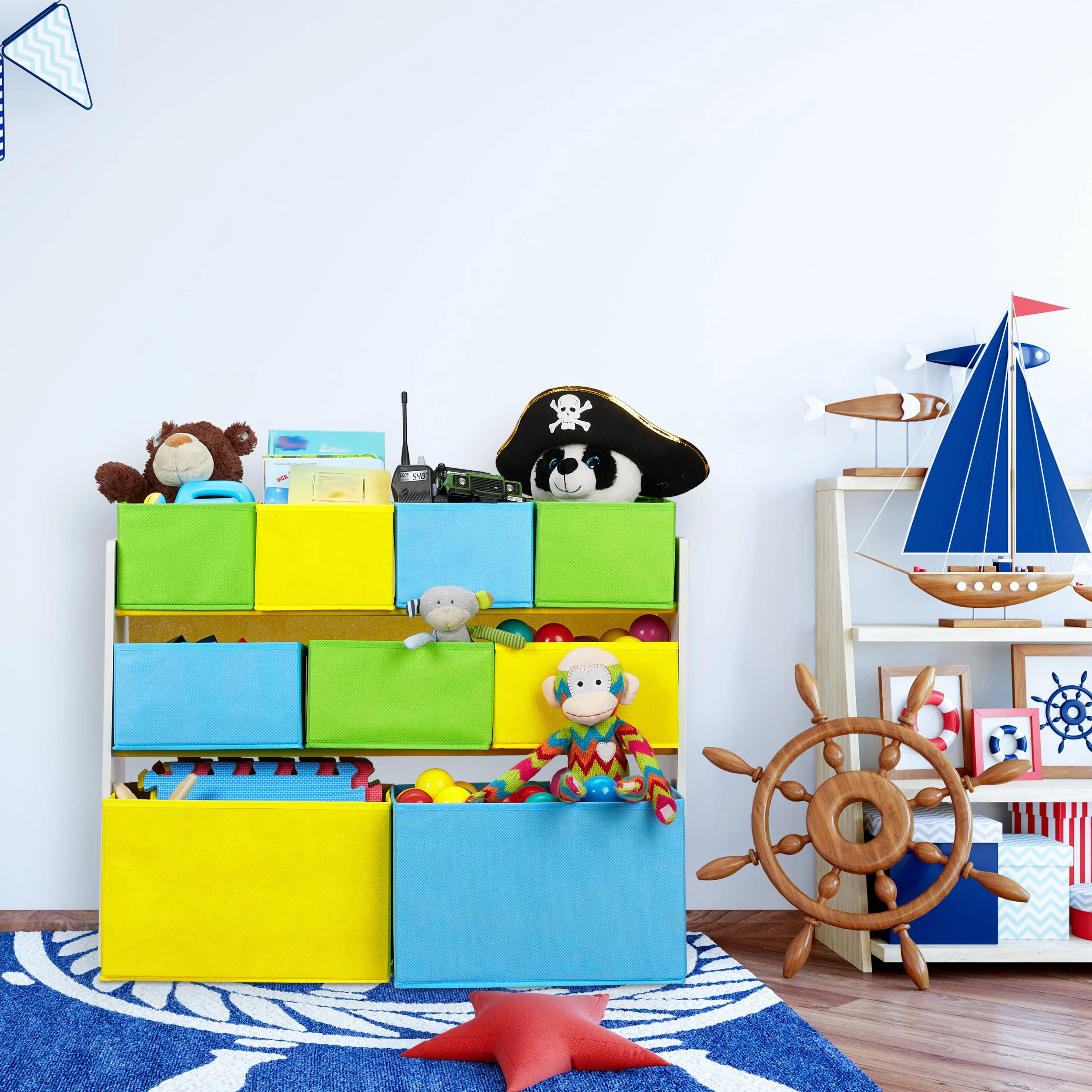 Relaxdays Estantería Infantil 9 Cajas Tela, Estampado Animales, Organizador Juguetes, 66 x 82,5 x 29,5 cm, Multicolor