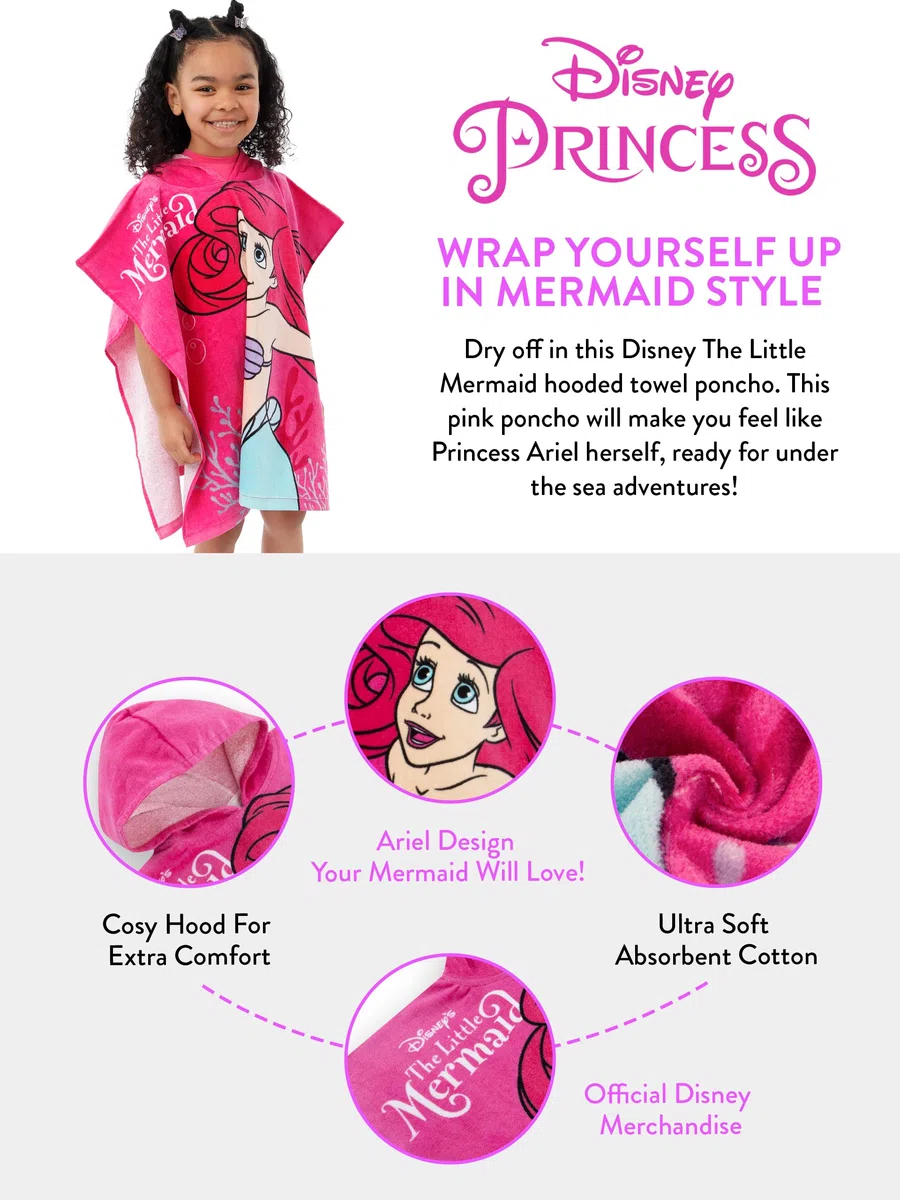 Disney Poncho Toalla The Little Mermaid | Toalla Poncho con Capucha La Sirenita | Talla Unica Rosa