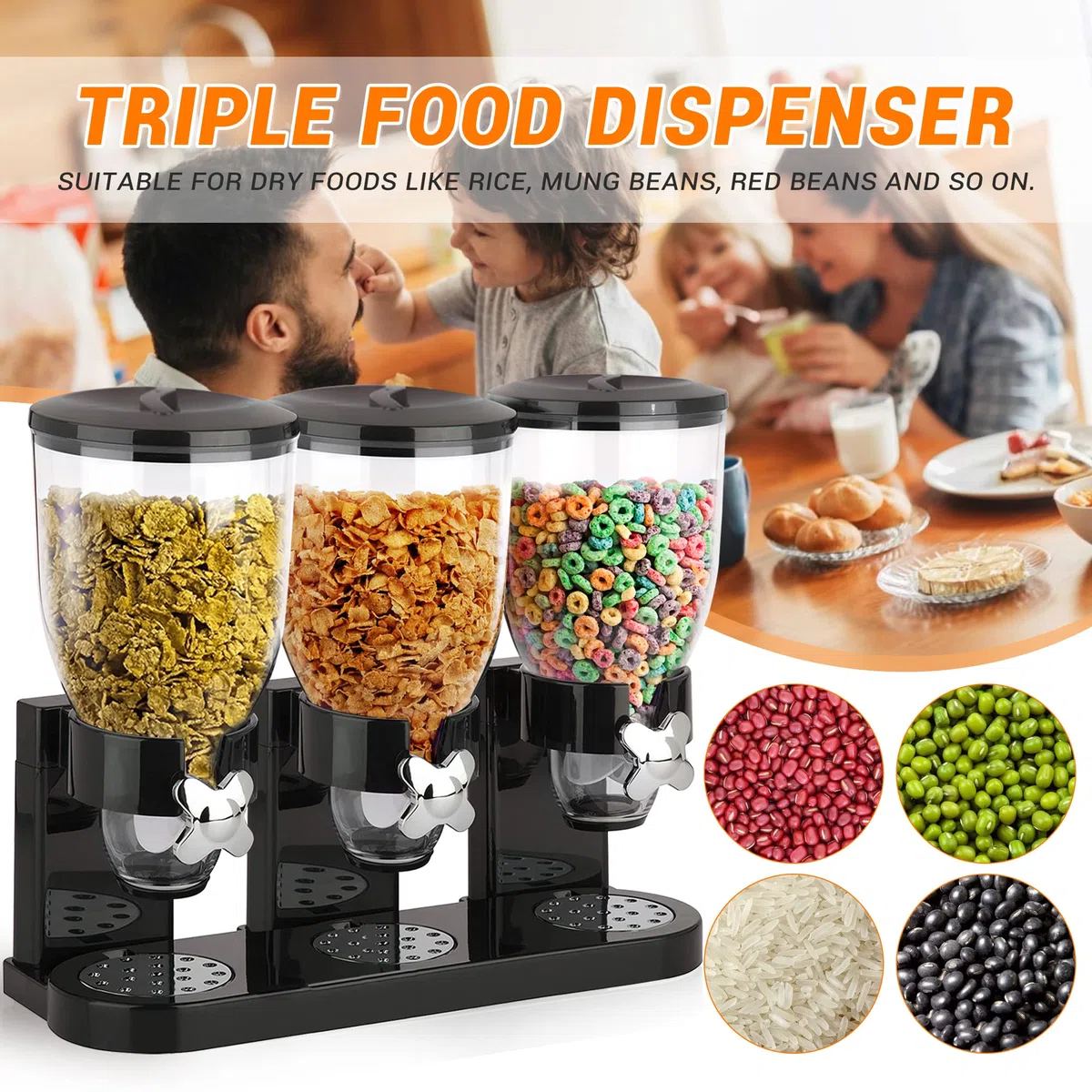 Sinceroduct Triple Food Dispenser Cereal Containers Storage Dispenser Food Storage Container Cereal Dispenser