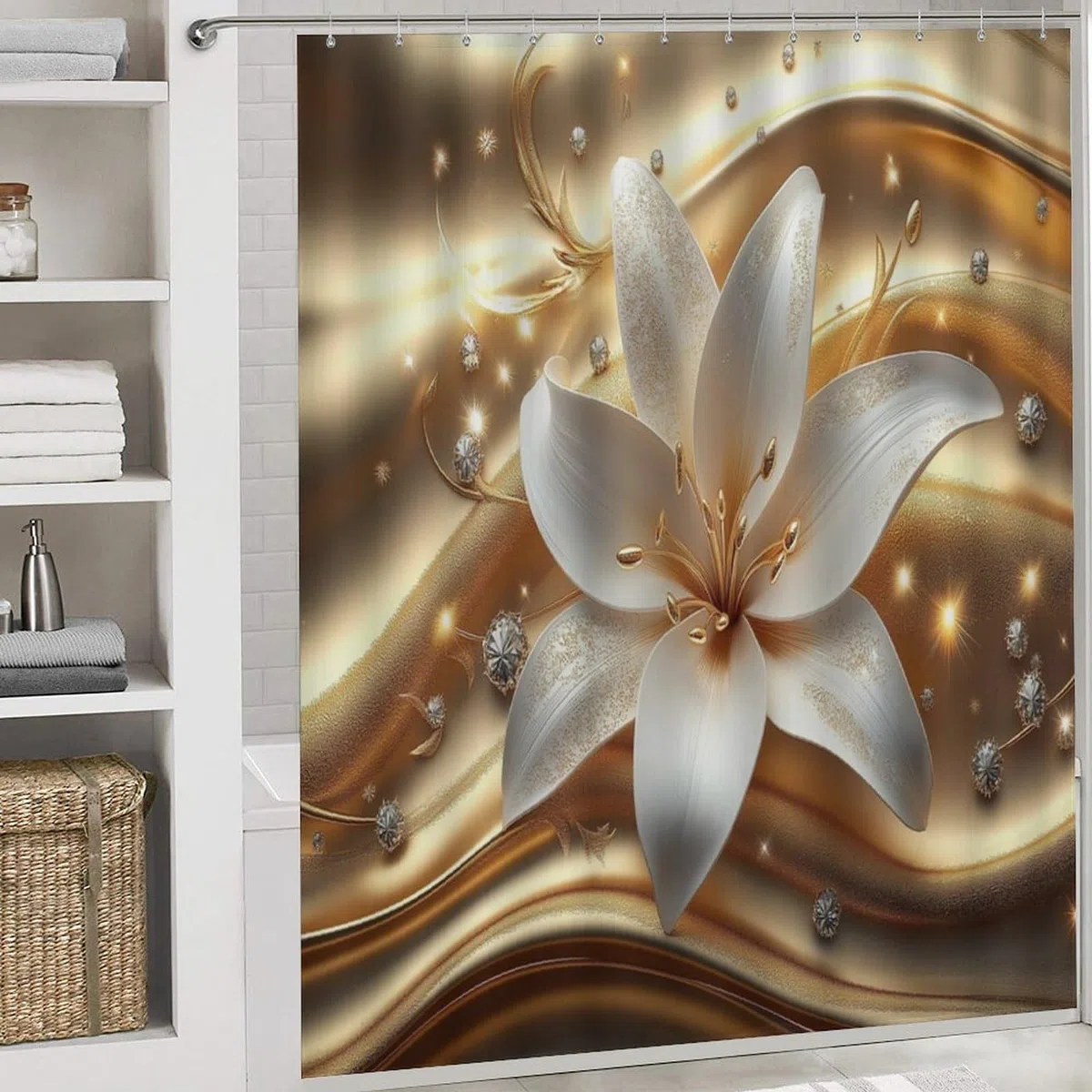 Juego de baño Blanco Flor De Lirio con Cortina de Ducha, alfombras Antideslizante y Accesorios, Juego de Cortinas de Ducha Dorado Ondulado Fondo, Cortinas de Ducha para baño 180cm X 180cm