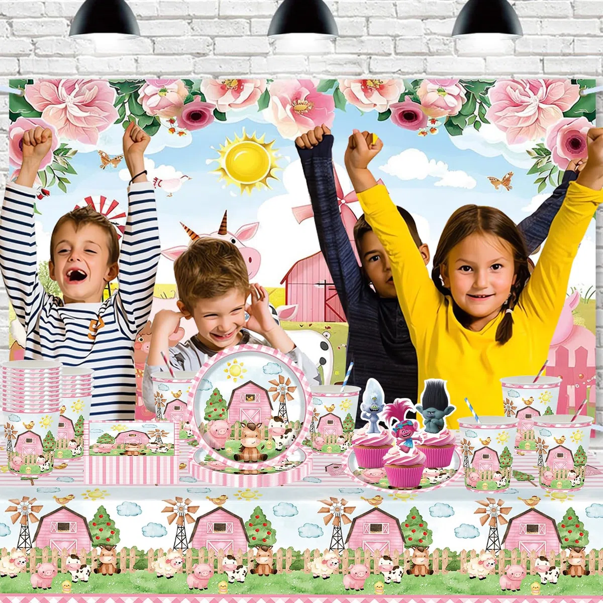 Juego de vajilla de fiesta de granja, cerdo y cordero, 61 piezas, decoración de fiesta de cumpleaños de granja, incluye platos, vasos, servilletas de papel, manteles, para 20 personas