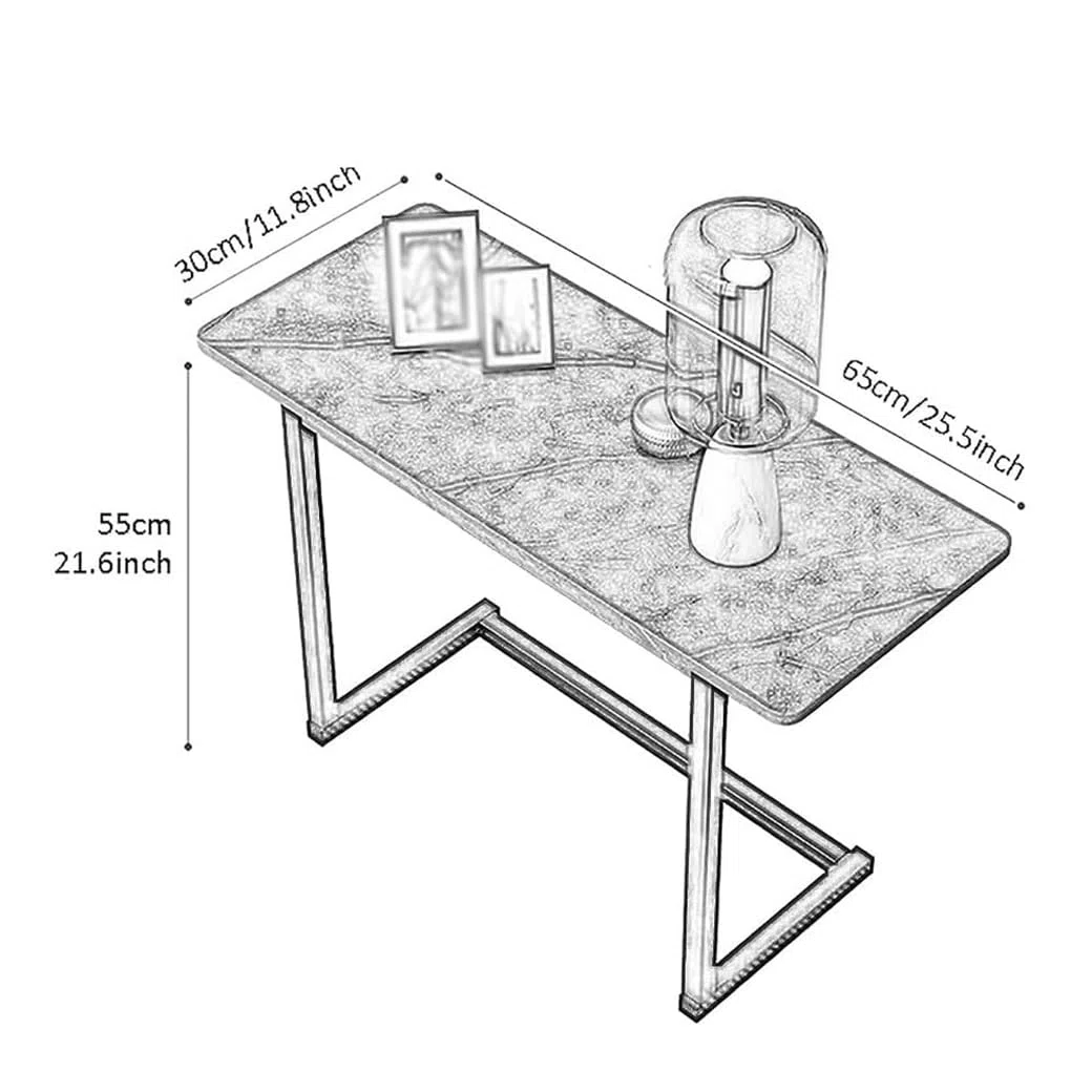 Mesa auxiliar estrecha en forma de C con marco de acero superior de mármol sintético para espacios pequeños, color gris