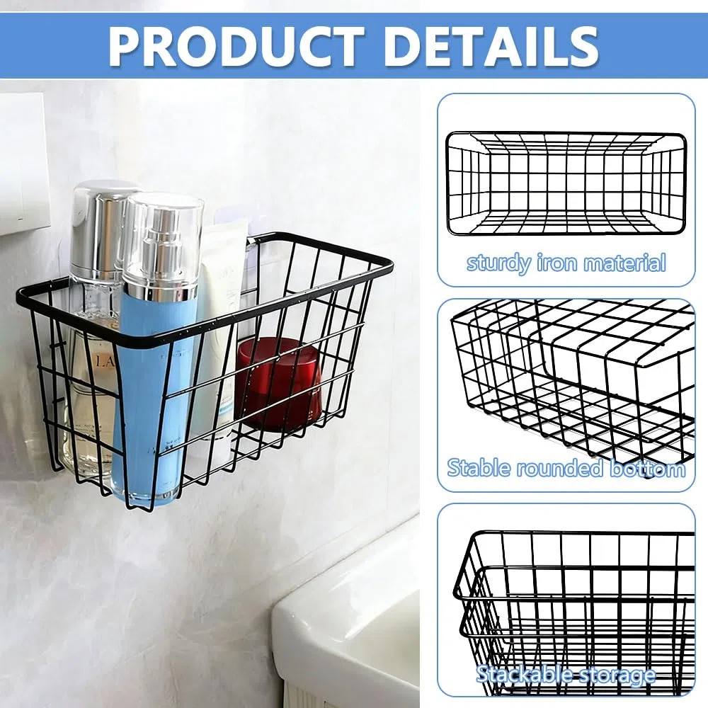4 Piezas Cestas Alambre Negro Cesta de Almacenamiento de Metal con Ganchos Cestas Metálicas Rejilla Alambre Cesta Pared Metal Almacenaje para Cocina Armario Baño Despensa (28 x 12 x 12.5 cm)