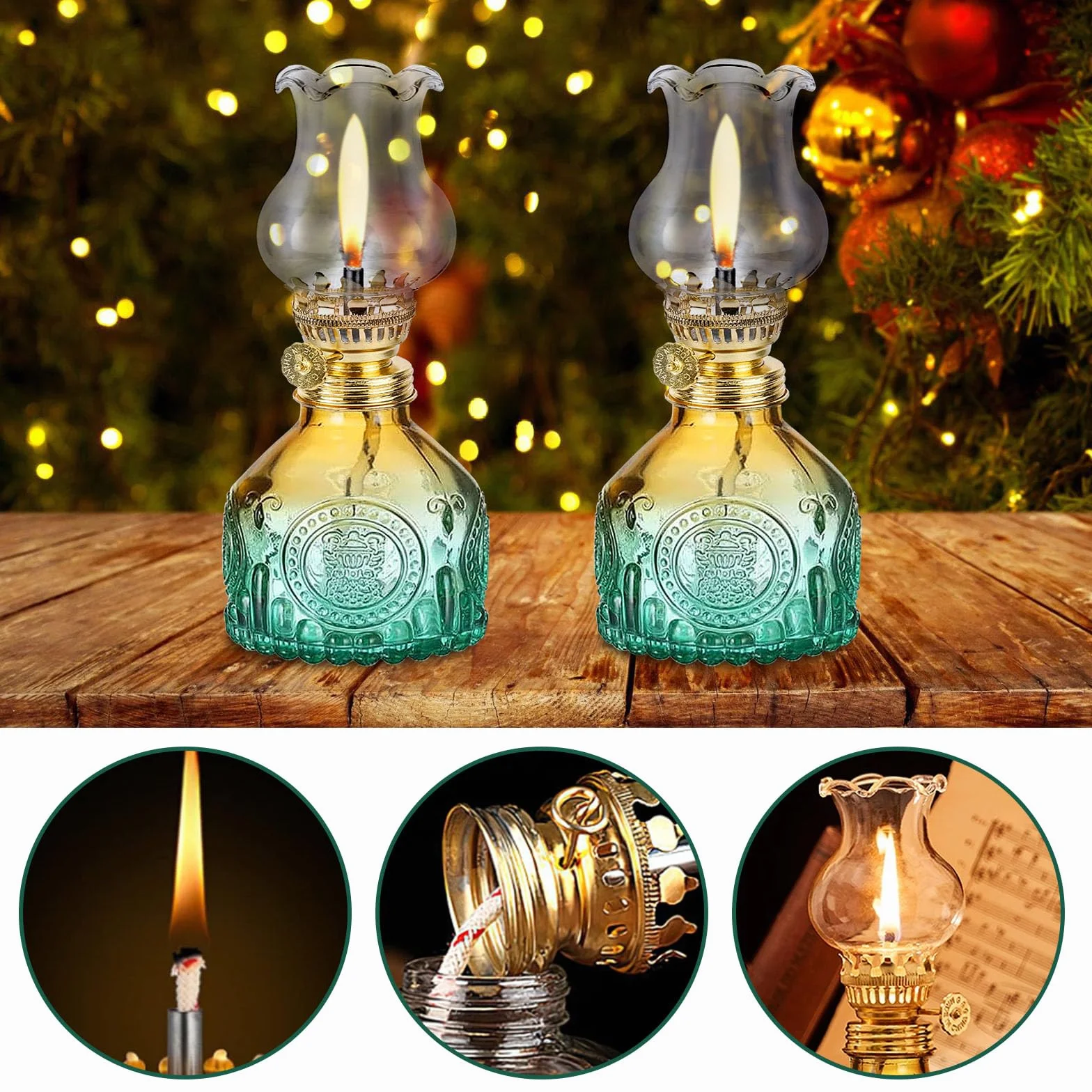 2 lámparas de queroseno de vidrio para interiores, lámparas de aceite de vidrio, lámpara de petróleo vintage, lámpara de aceite de petróleo clásica, con llama ajustable, para sala de estar, comedor