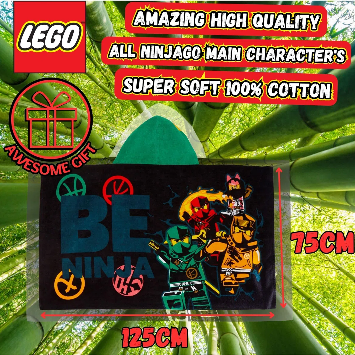 LEGO Toalla con capucha Ninjago para niños, poncho, toalla de playa, toalla de baño, envoltura para nadar