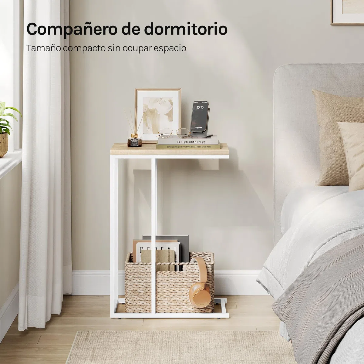 WOLTU Mesa Auxiliar Forma C, Mesita de Sofá, Mesita Auxiliar para Salon y Dormitorio, Mesa Pequeña con Estructura de Metal, Roble Claro+Negro, TSG17hei