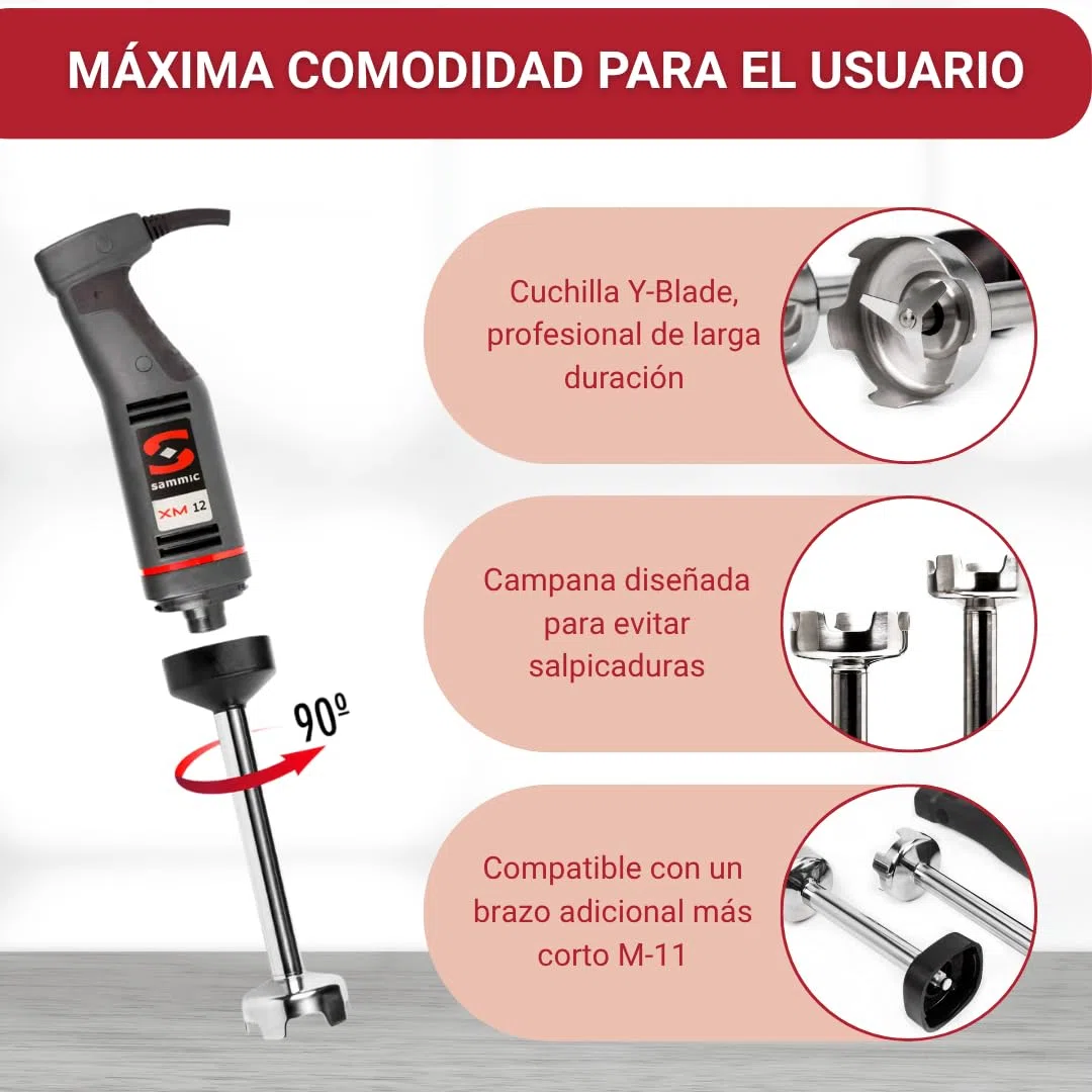 YOMMAK Batidora de Mano Industrial XM12 – 240W Triturador Profesional Cocina | Batidora Profesional Hosteleria Brazo Desmontable | Trituradora Comida Potente, Velocidad 1500–15000 rpm, NSF Hasta 10L
