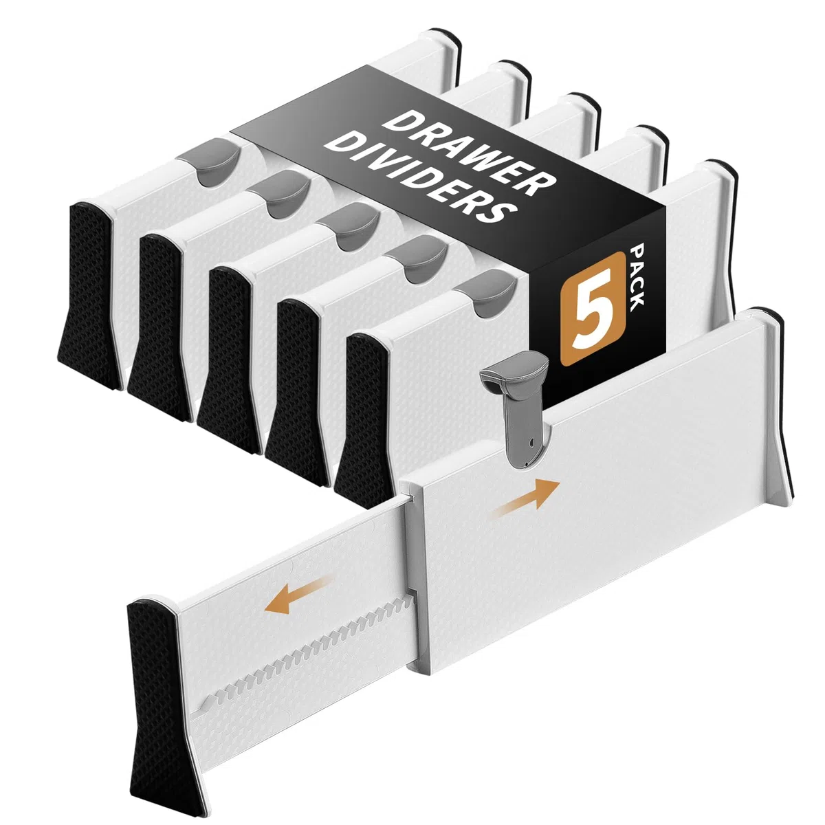 Cinnani Separadores de Cajones Ajustables, Juego de 5 Separador Cajones de Plástico, Extensible de 27,8 cm a 43,5 cm, Divisorias para Gavetas, Organizador Cajones Separador para Cocina, Baño, Oficina