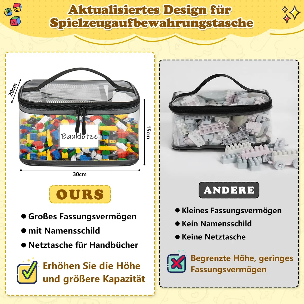 6 bolsas de almacenamiento para juguetes, transparentes, impermeables, de PVC, con etiqueta de nombre e instrucciones (idioma español no garantizado), para almacenamiento de Lego (Large)