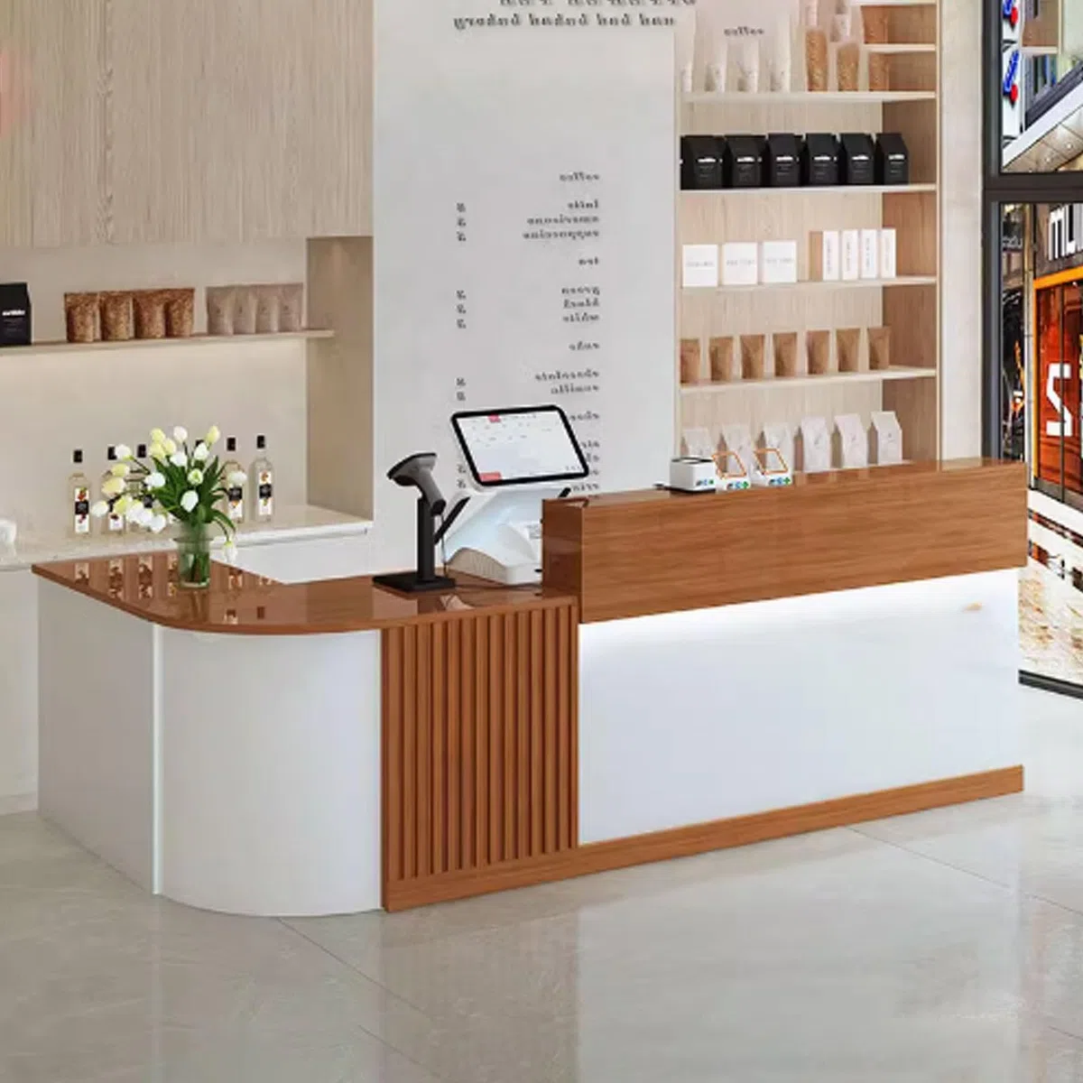 Escritorio moderno con cajones, vestíbulo y mesa de oficina en blanco y marrón, 140 cm, material de madera, diseño contemporáneo para uso empresarial