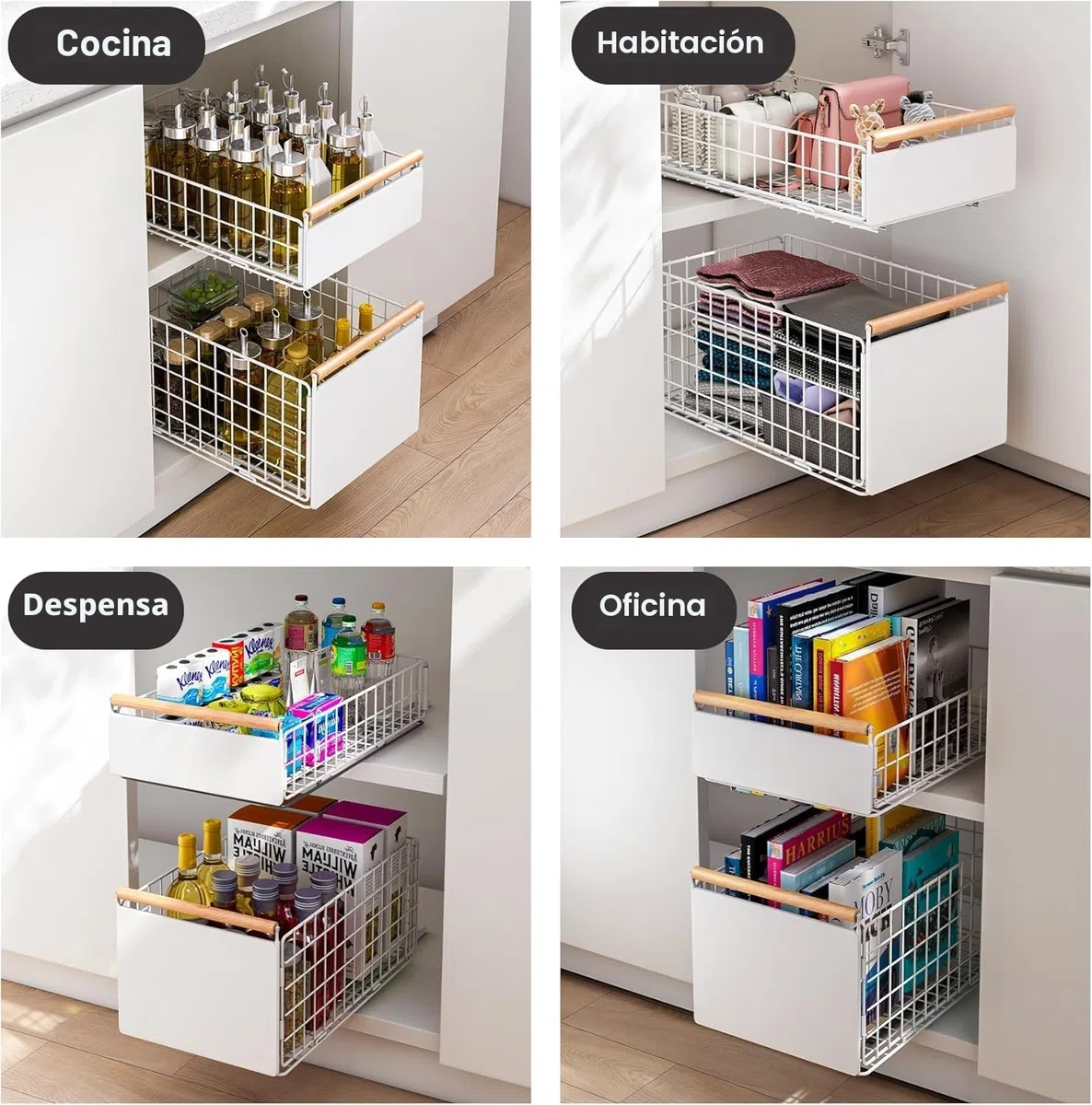2 Piezas Cajones extraibles para Cocina, organizador de telescopio cajones más profundo con guías para cajones y manija de madera, cajón extraíble de metal Cocina - 40 L x 24 W x 19,5 H CM