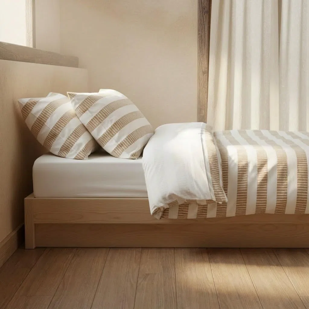 GAMUSI Juego Funda nórdica Cama 90 100% algodón - Funda Almohada 45x110 cm, Estampado líneas Beige