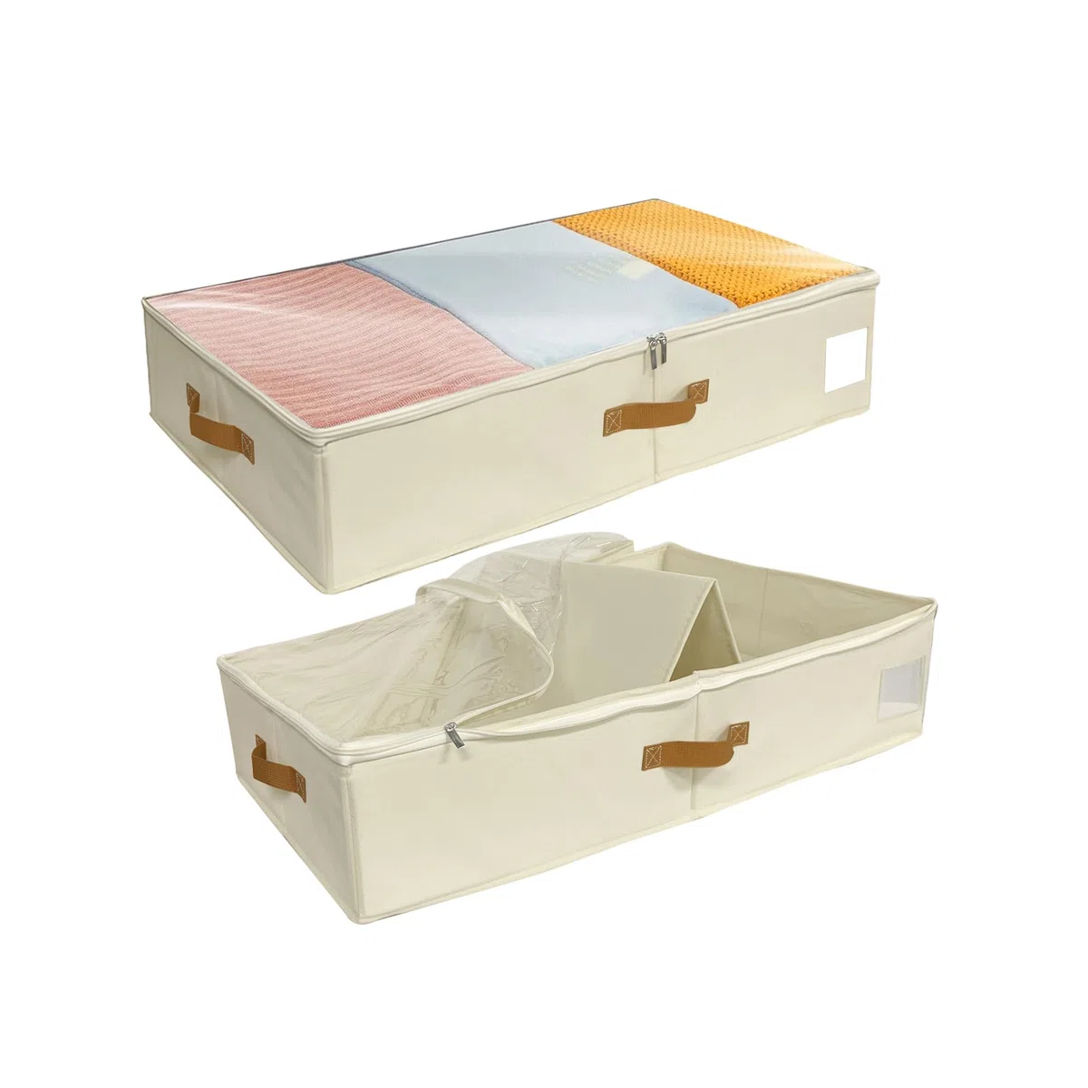 Contenedores de Almacenaje para Debajo de la Cama,Con placas de soporte alrededor y en la parte baja, 2 Piezas Arcones para Guardar Ropa Plegables (Beige, Con placa base)