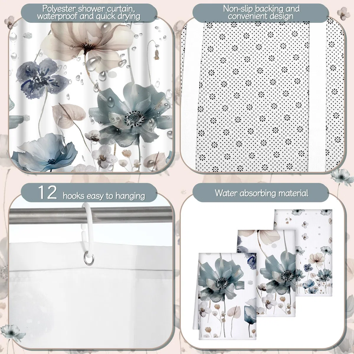 Newwiee Juego de 7 cortinas de ducha con diseño floral bohemio para decoración de baño, cortina de ducha y tapetes, toallas, alfombrilla de inodoro, impermeable, accesorios de baño de acuarela