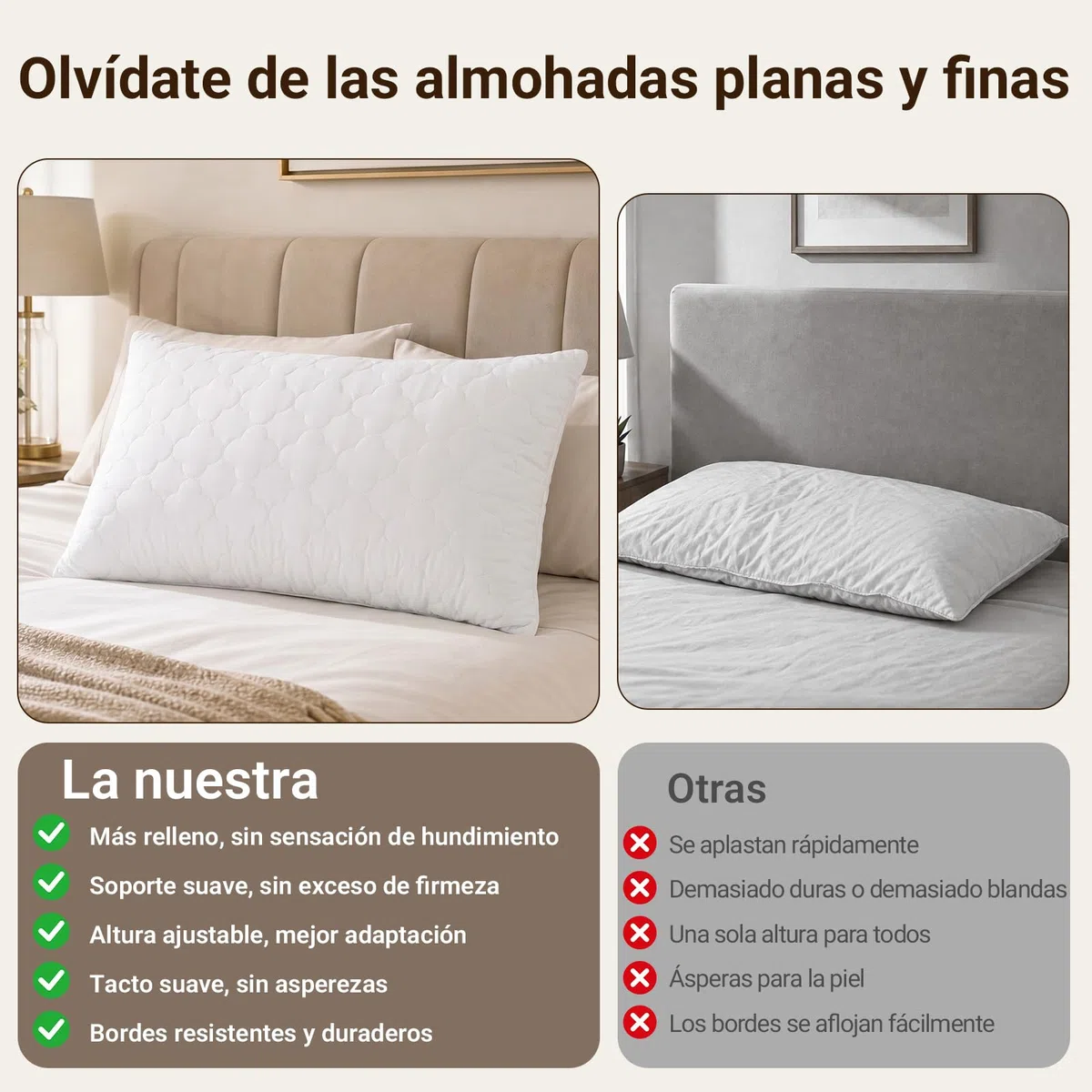 COSYLAND Almohadas 50 x 70 cm Pack de 2 para Cama - Estilo Hotel de Lujo, Diseño Acolchado, Blandas, Suaves, Cómodas y Transpirables para Dormir