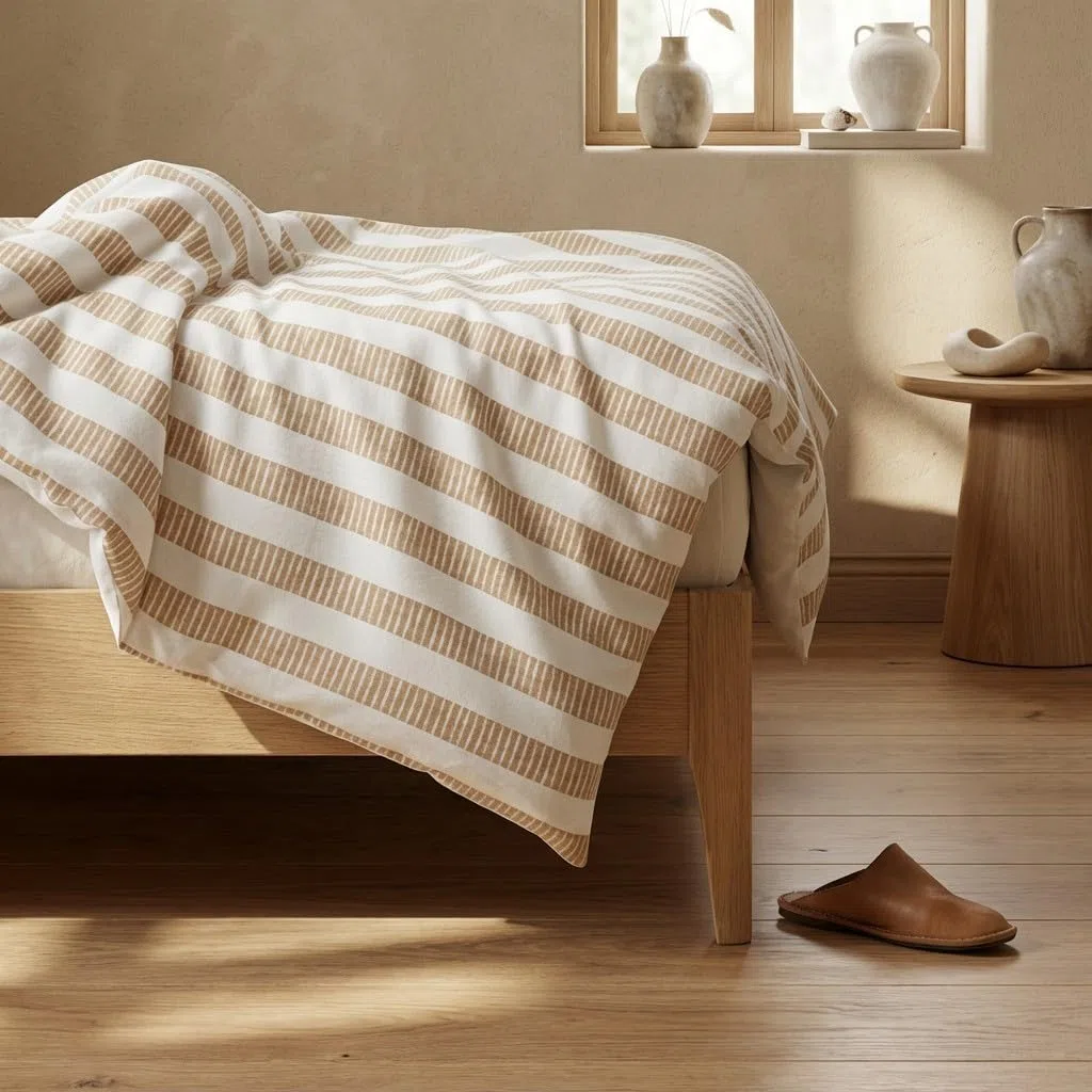 GAMUSI Juego Funda nórdica Cama 90 100% algodón - Funda Almohada 45x110 cm, Estampado líneas Beige