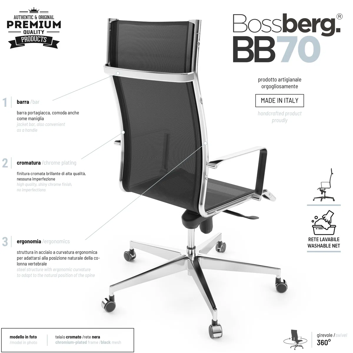 Silla de Escritorio Ergonómica, Silla de Oficina Giratoria con Apoyo Lumbar, Sillón de Despacho Ajustable y Cromado, Diseño Italiano - Cromado Negro