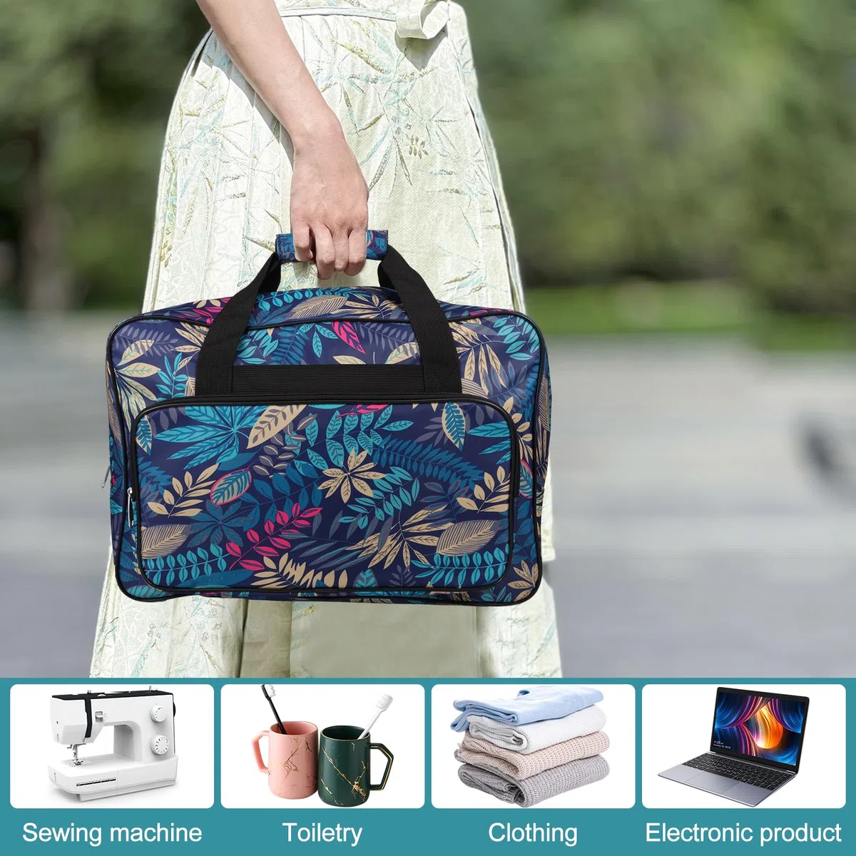 Bolso para máquinas de coser, bolsa de transporte con asas y múltiples compartimentos de almacenamiento, 46×23×32 cm, organizador de accesorios de costura o herramienta de costura de tela