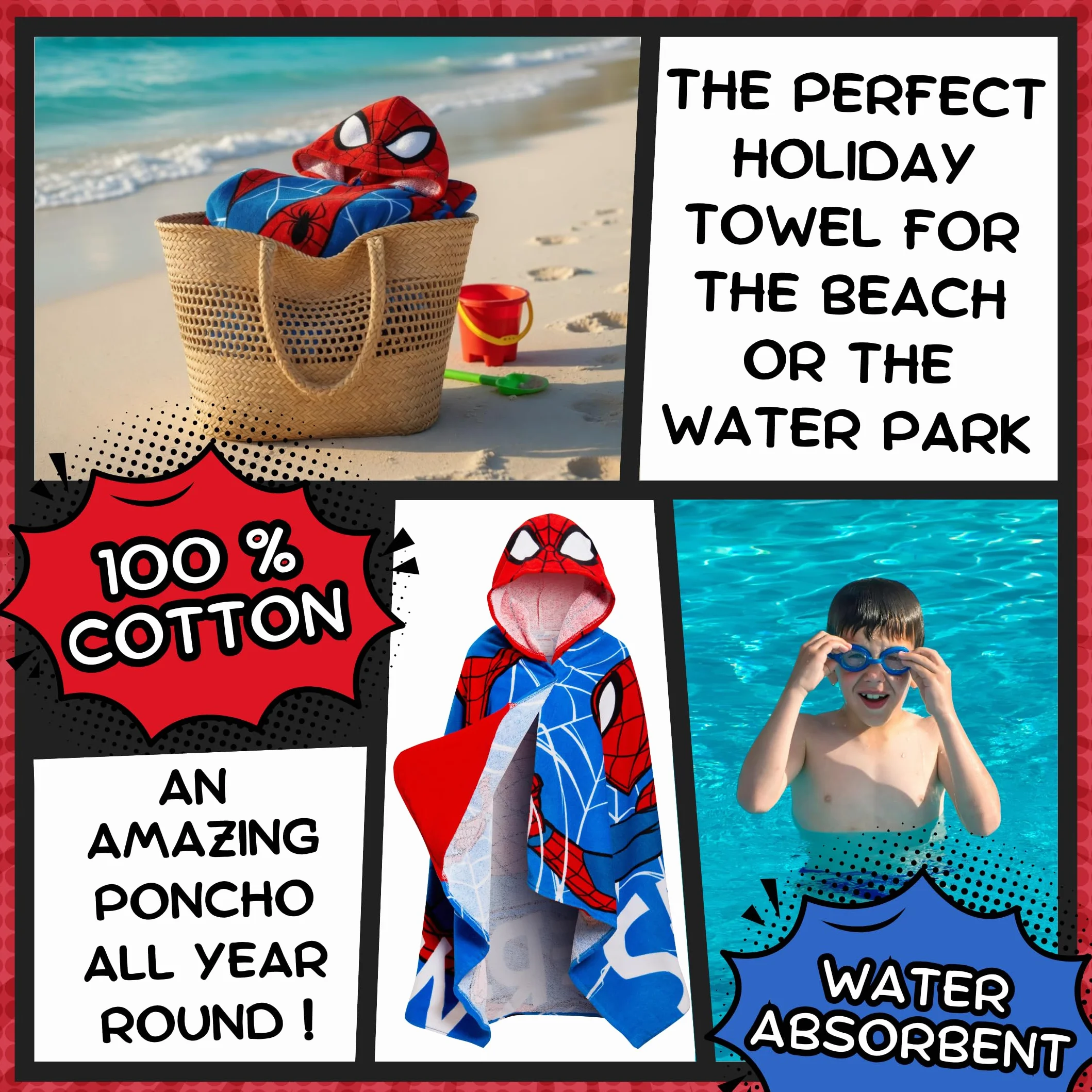 Spider-Man Toalla con capucha 100% algodón Vestir Vengadores Poncho Niños Baño Toalla de playa Envoltura de natación Niños Cambio de bata