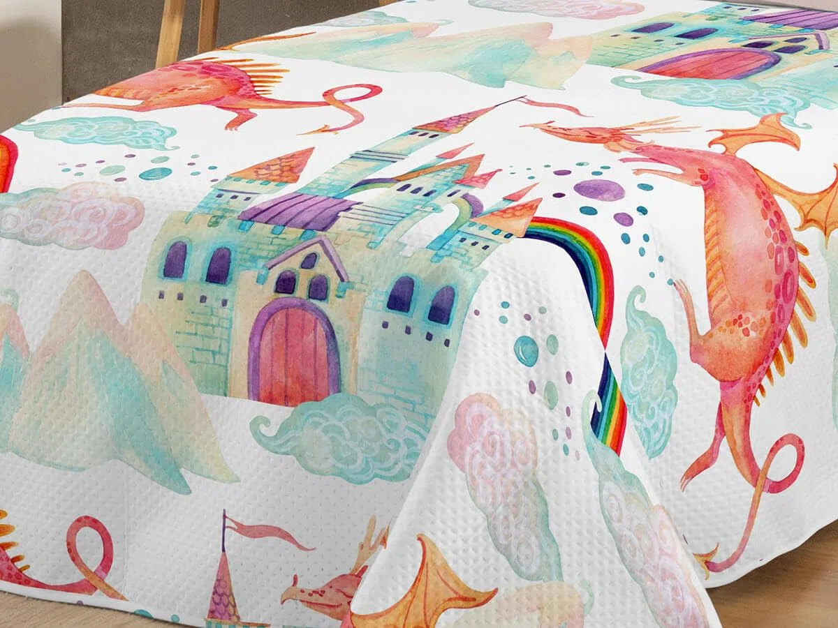 Ciberdescans Colcha Boutí Infantil KARAMELO Princesa con Estampación Digital. Castillos, Dragones y arcoíris (Cama 90 cm)