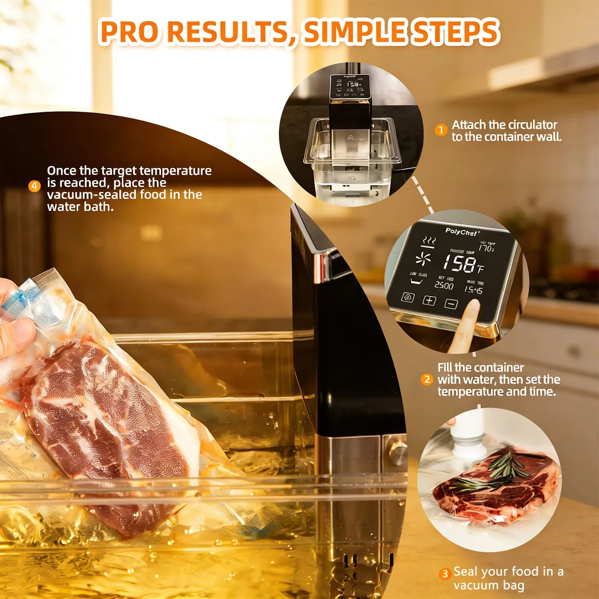Roner Cocina Baja Temperatura con Circulador de Inmersión, 1600W de Potencia, Pantalla Táctil, Temporizador de Precisión, para Mariscos y Verduras en Restaurantes