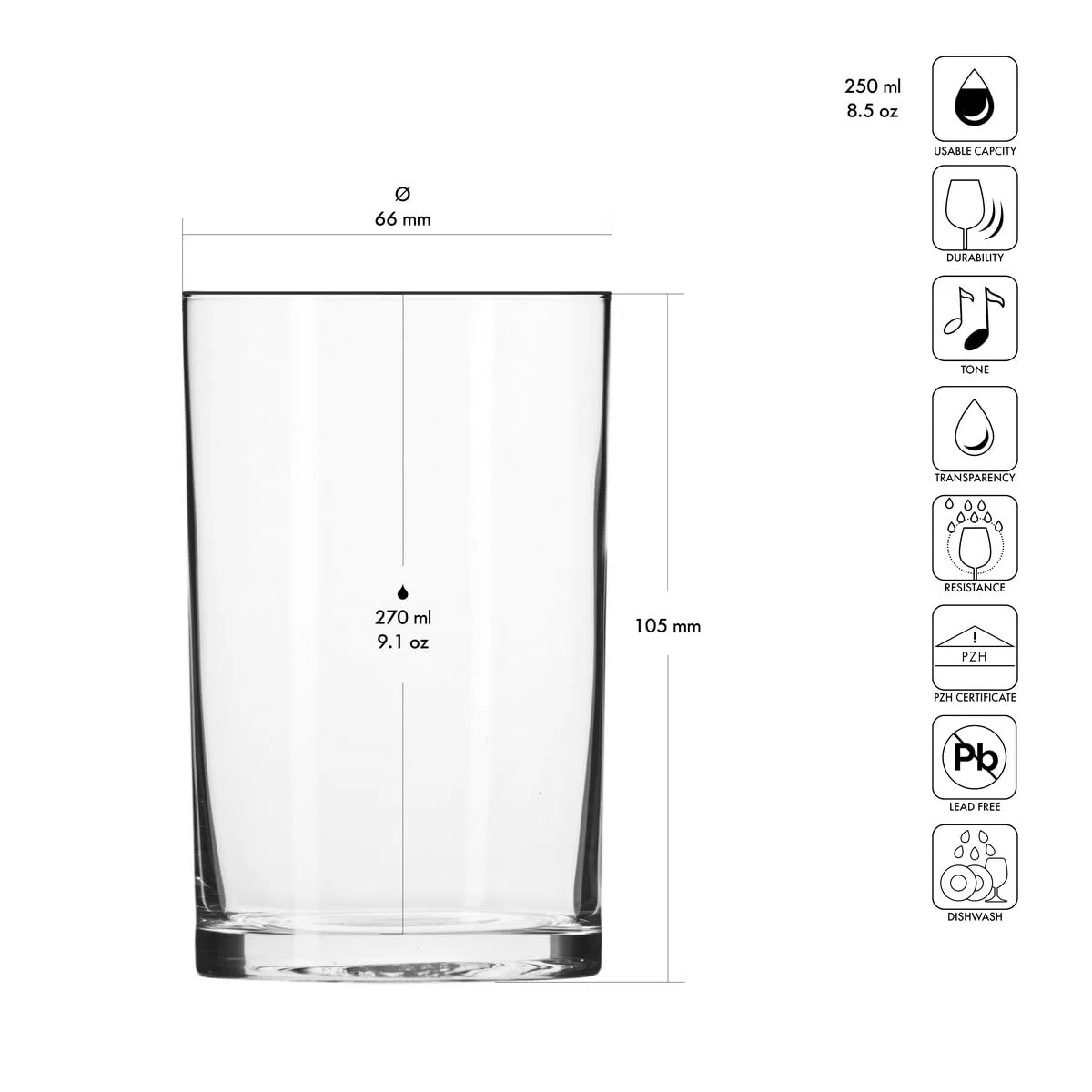 Krosno – Vasos para Té 270 ml – Juego de 6 unidades – Colección Basic – Cristal sin Plomo – Diseño Clásico y Sencillo