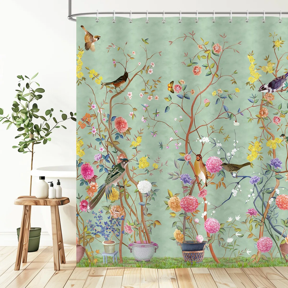 Cortina de Ducha con diseño artístico con Fondo Verde, Motivos de árboles, pájaros y Flores, Cortina de Ducha Impermeable para la decoración del baño, 180 x 180 cm con 12 Ganchos