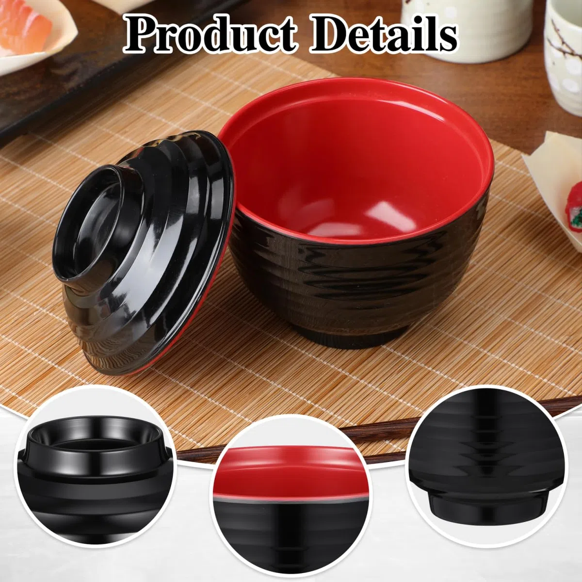 DOITOOL Juego de 3 cuencos para sopa de estilo japonés Miso, de melamina japonesa, estilo Miso, para sopa, con tapa, imitación de porcelana