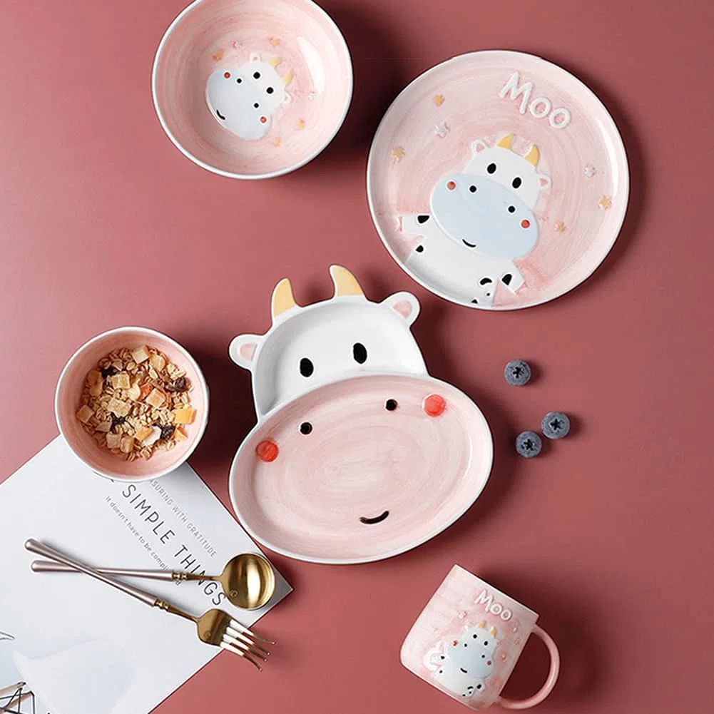 Juegos de vajilla para niños, Platos y Cuencos de Dibujos Animados de Animales, Juego de Porcelana Creativa para el hogar, Apto para lavavajillas y microondas, para 1 Persona