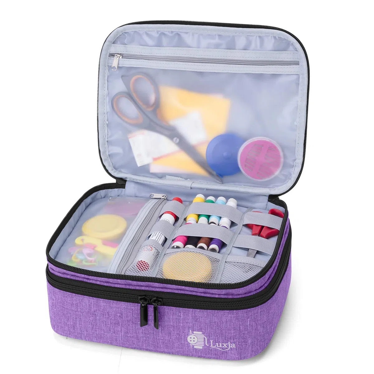 Luxja Bolsa para Kit de Costura, Doble Capa Organizador de Accesorios de Costura, Bolsa para Agujas, Hilo, Tijeras y Otras Materiales de Costura, Púrpura