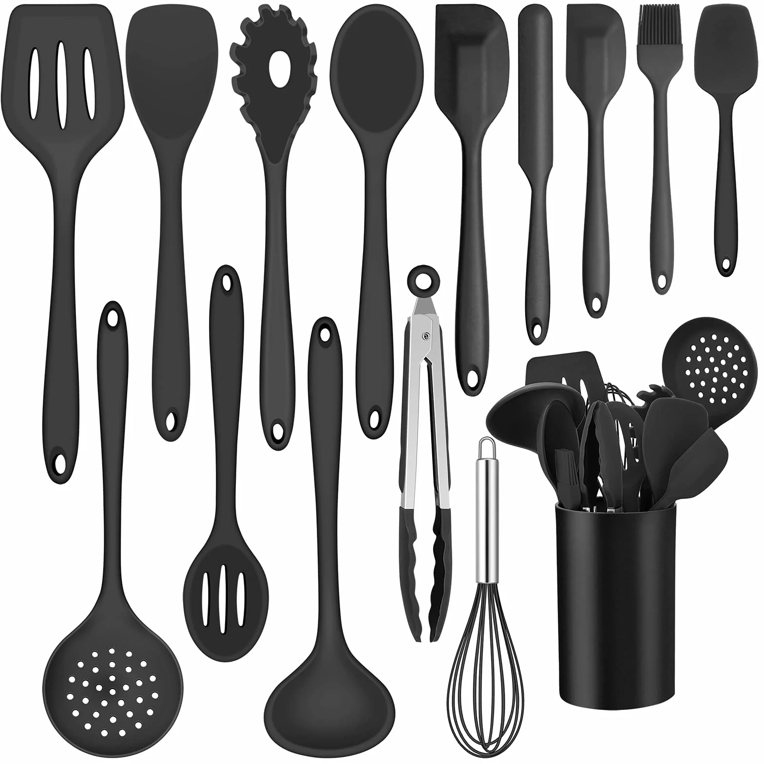 Joyfair - Juego de 15 utensilios de cocina de silicona resistente al calor con soporte para utensilios de cocina antiadherentes, apto para lavavajillas, color negro