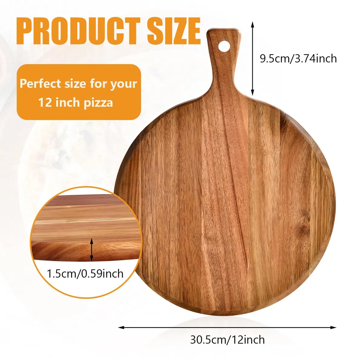 Juego de 2 tablas de pizza de madera de 30 cm de diámetro con asa, platos de madera de acacia premium, tabla redonda para servir y cortar pizzas, tartas flameadas, queso