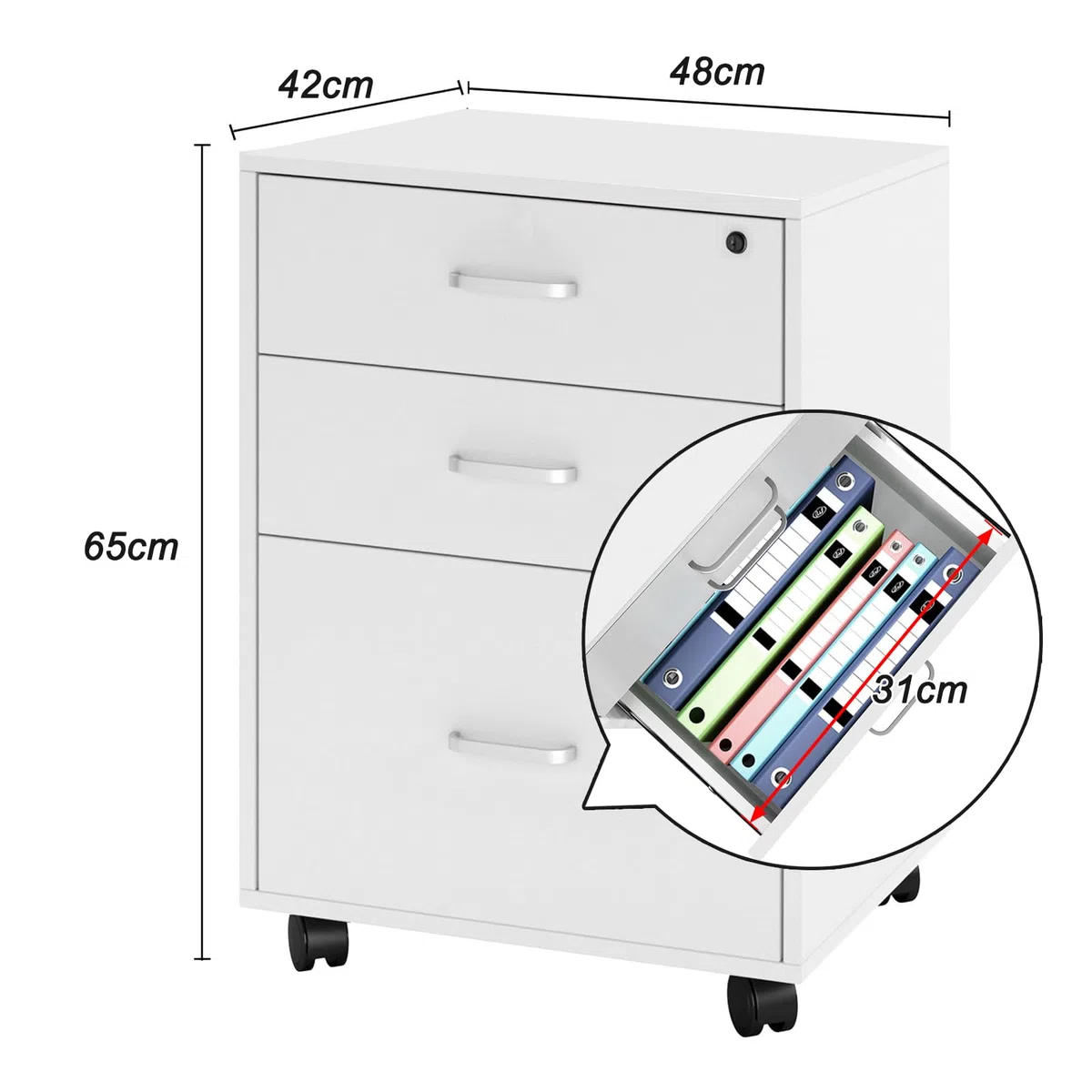 SDHYL Cajonera de Oficina Armario Archivador de Oficina 3 Cajones con Ruedas Cajón Superior con Cerradura Archivador Móvil Gran Espacio de Almacenamiento para Oficinas Hogares Blanco