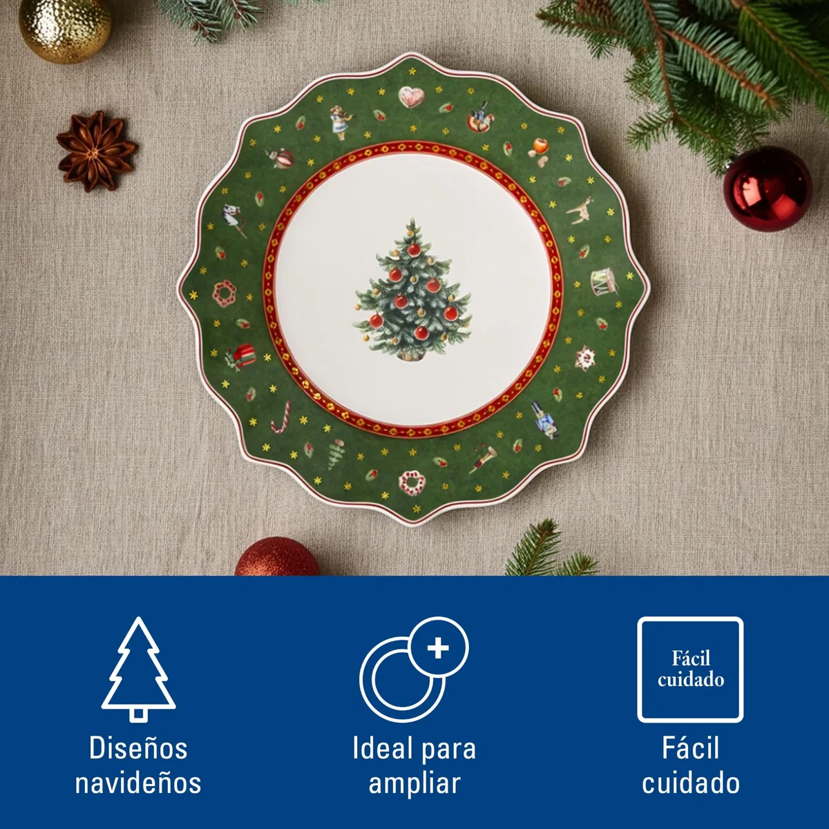 Villeroy & Boch – Toy's Delight Plato para Desayuno 24 cm Verde, Apto para Microondas, Plato para Postre, Vajilla Navidad Porcelana, Plato Pequeño, Navidad Mesa, Premium Porcelain