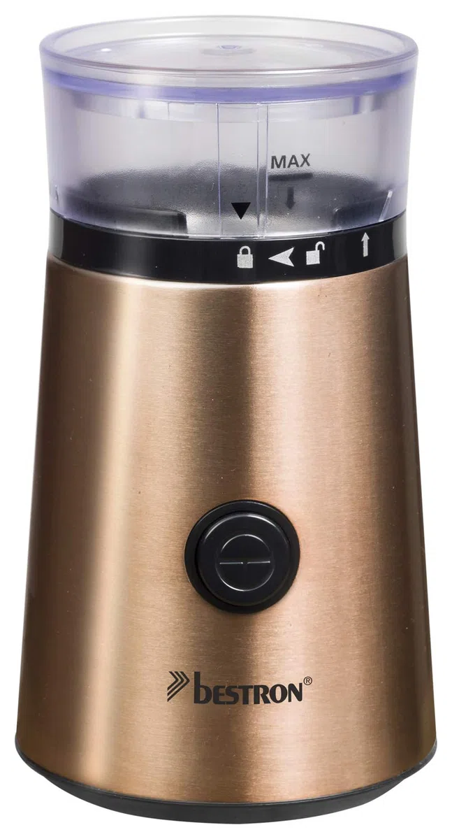 Bestron Molinillo Eléctrico con Cuchilla de Acero Inoxidable, 150 W, Capacidad: 50g, Acero inoxidable en Color Cobre