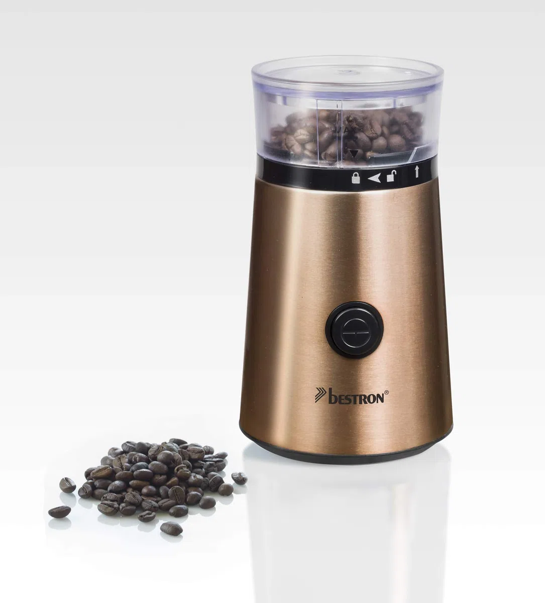 Bestron Molinillo Eléctrico con Cuchilla de Acero Inoxidable, 150 W, Capacidad: 50g, Acero inoxidable en Color Cobre