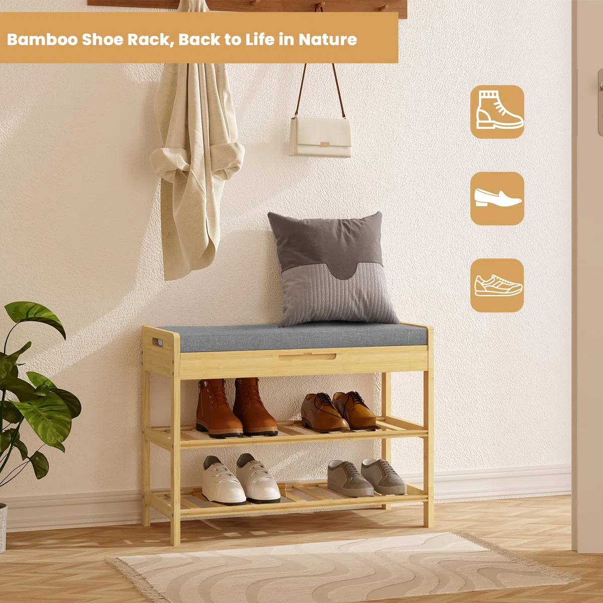 WOLTU Banco Zapatero de Bambú, Banco para Zapatos de 2 estantes, Zapatero con Caja Olculta y Asiento Acolchado, Organizador para Entrada, Baño, Dormitorio, Pasillo, 68x30x50cm