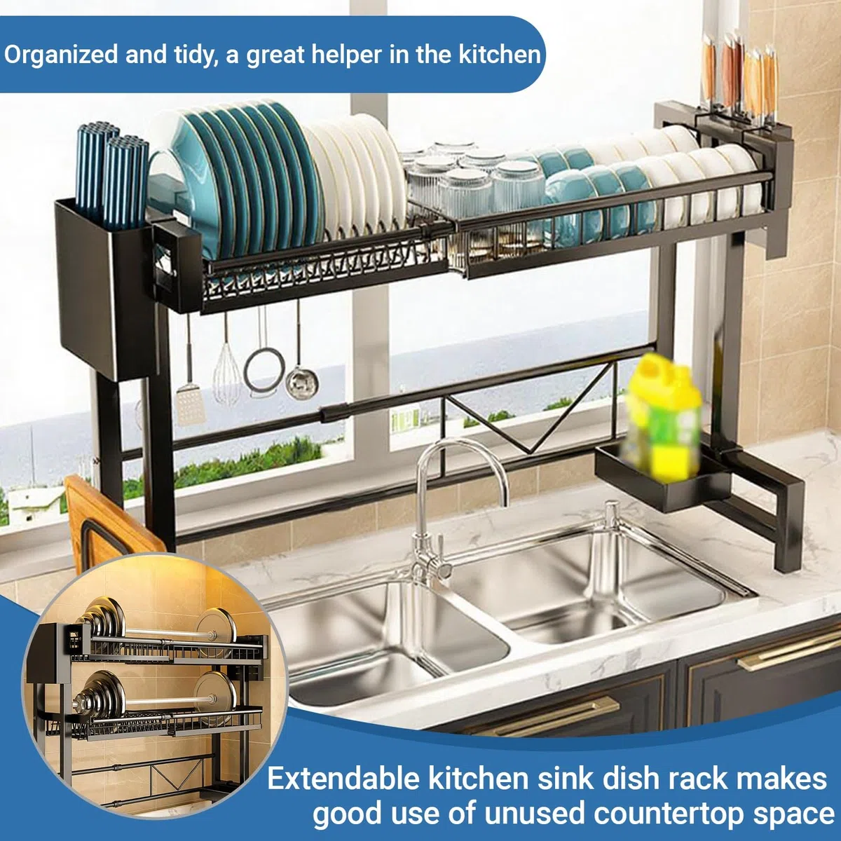 Escurridor de platos grande de metal con estantes para cubiertos y cesta extraíble, almacenamiento de vajilla de doble capa para platos, cuencos, utensilios