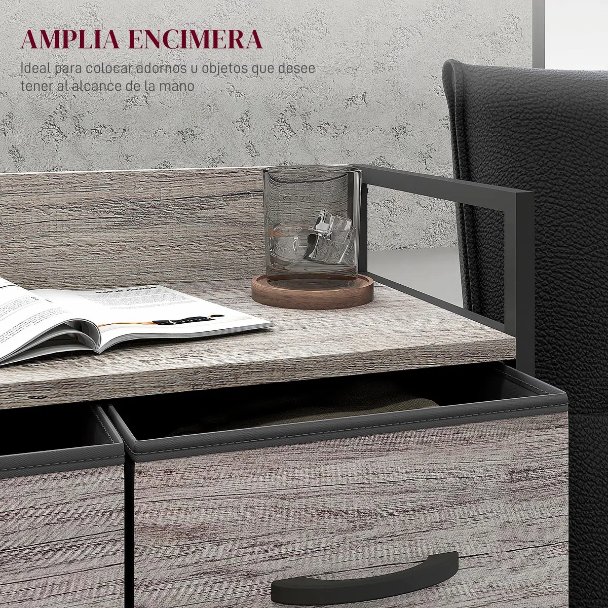 HOMCOM Cómoda con 4 Cajones de Tela Plegables, Cómoda para Dormitorio Industrial con Estante Abierto, Marco de Acero, Cajonera para Espacios Pequeños, Sala de Estar, Vestidor, Baño, Gris