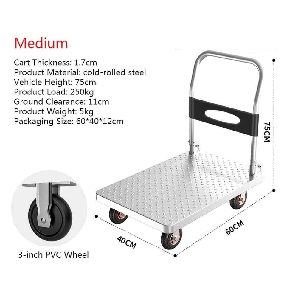 Carrito de plataforma de acero con ruedas, carrito utilitario resistente para uso doméstico e industrial, perfecto para transporte de mercancías, resistente y duradero, ideal para mover suministros.